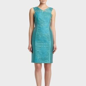 NWT Lafayette 148 Camille Teal Blue Sheer-Panal Sheath Dress Silk Size 16 $598